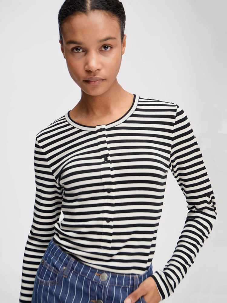 Oniflyme موضة سليم كم طويل تيز المرأة الخريف عادية مخطط الجولة الرقبة تي شيرت جديد خمر الشارع الشهير مثير زر القمم