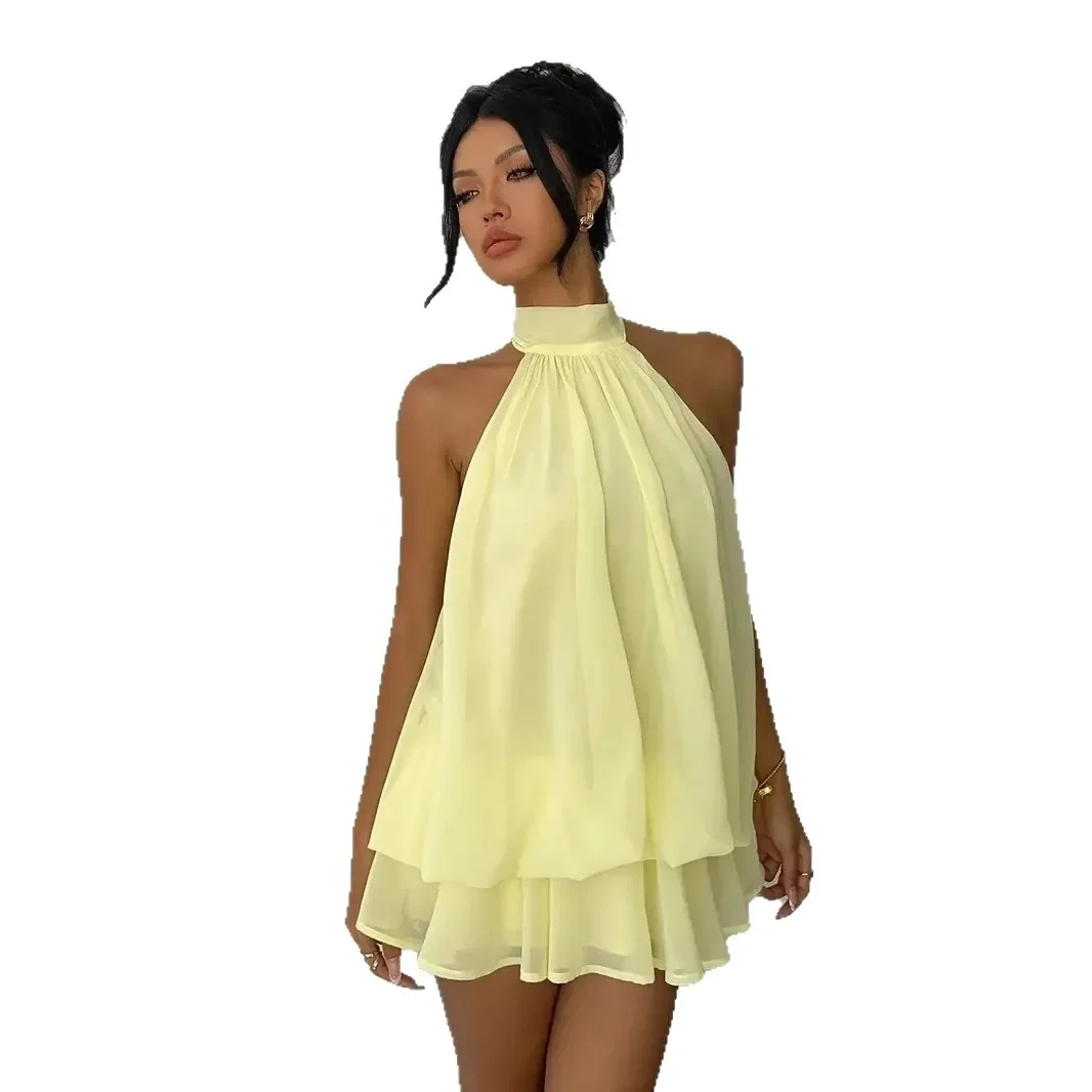 Damen Chiffon-Minikleid mit Neckholder, ärmellos, mehrlagig, mit Rüschen, fließend, einfarbig, locker, A-Linie, Sommer-Party, Strand, Freizeit-Sommerkleid – Detail 26