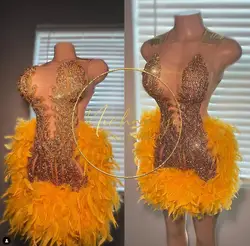 Orange Gold Short Prom Homecoming Dresses for Black Girl Sparkly Luxury Diamond Crystal Feather Birthday Party Gala Dress