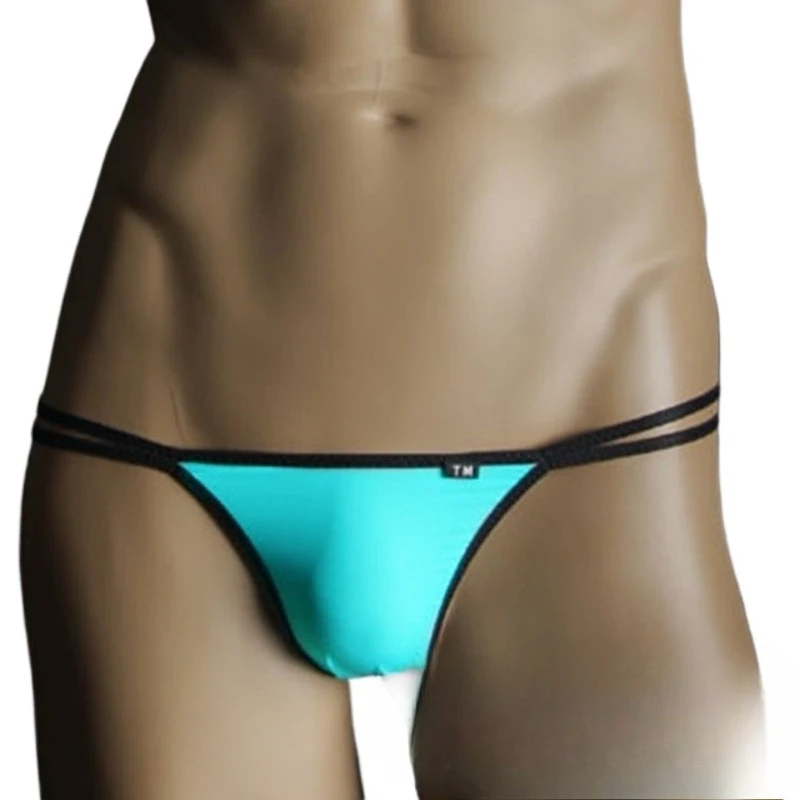 Ice Silk No Pouch Thong for Men Contrast Thin Double Waistband Low Rise Sexy Male Panties Gays Erotic U Convex Pouch Underpants