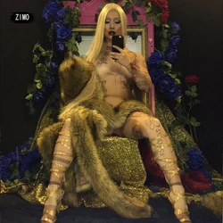 women Nude ​Muscle Sexy tattoo Jumpsuit Long Sleeves Outfit Evening Celebrate clothing Birthday Dance Costume