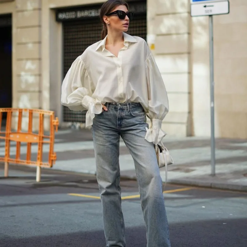 Talenza Women Fashion Shirt Solid Ruffle Lapel Button Patchwork Elegant Blouses High Street Chic Commuter Casual Women Shirt Top