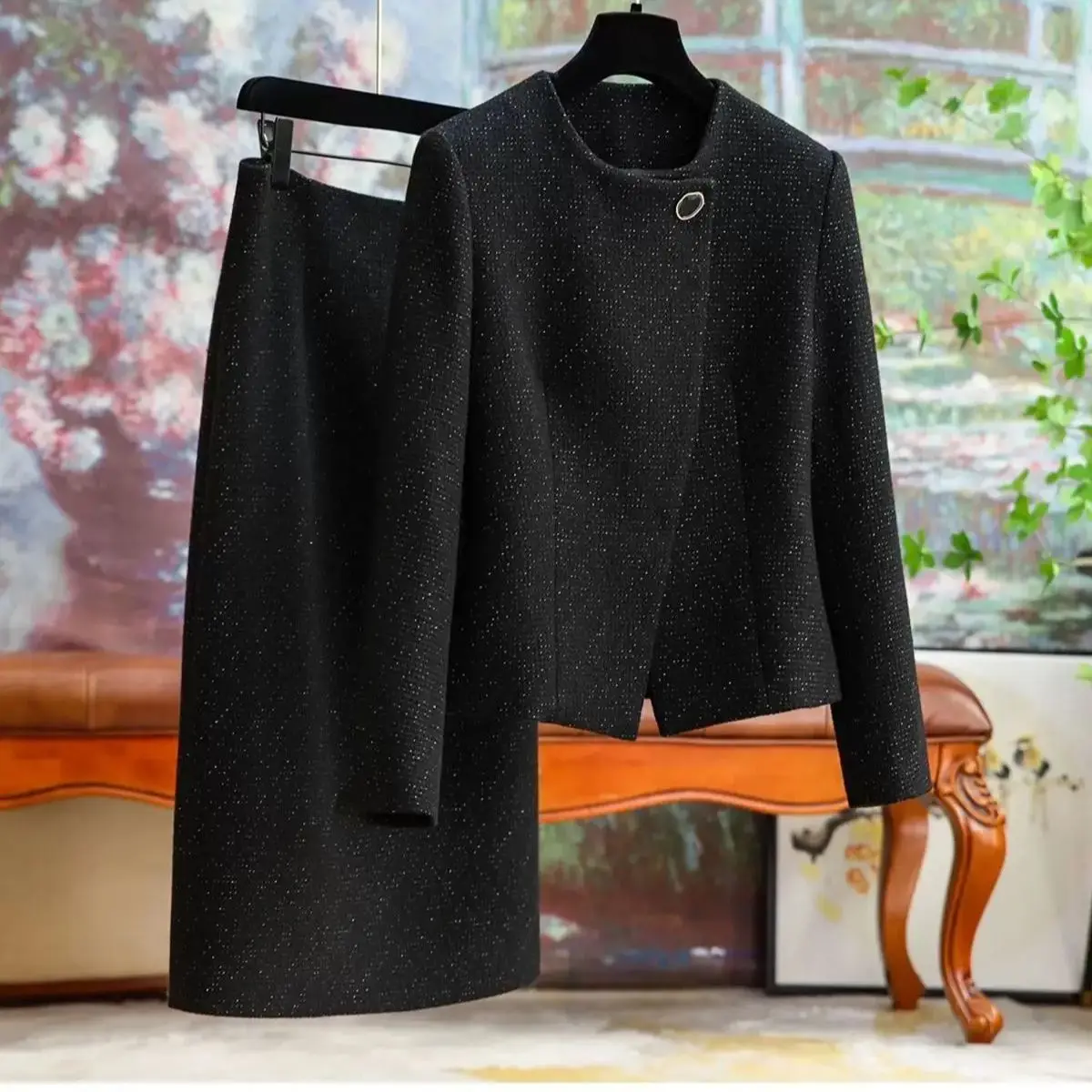 

Women Elegant Tweed Black Suit Jacke Coat Top And Skirt Two Piece Set Matching Outfit WinterFall Workwear Chic Sequin Clothies