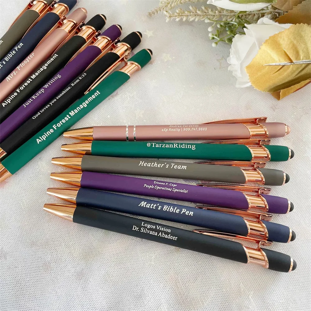 Personalized Engraved Business Pens Rose Gold Trim, 14 Colors Customized Text Ballpoint Pens with Stylus, Wedding Party Graduati