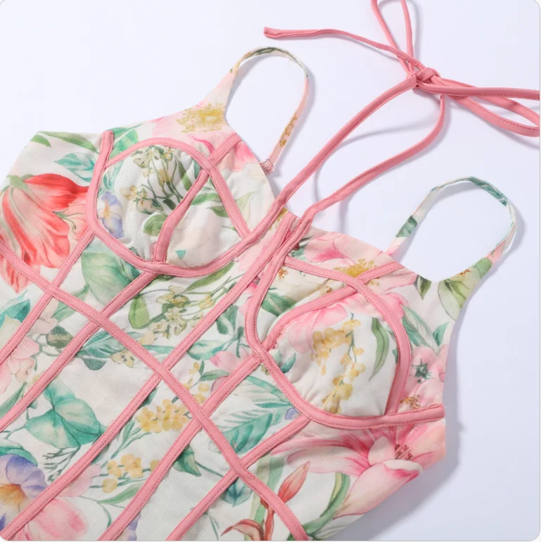 2026 Neues Boho Blumenmuster Neckholder Maxikleid für Damen Korsett-Bustier Rosa Besatz A-Linie Fließendes Sommer-Urlaubskleid für den Strand – Detail 2