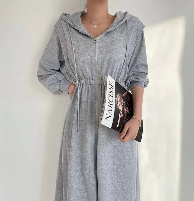 Felpa con Zip bianca con cappuccio abito lungo Casual panno 2024 per le donne Wild Black Grey vita alta Swing Maxi maglione Vestidos