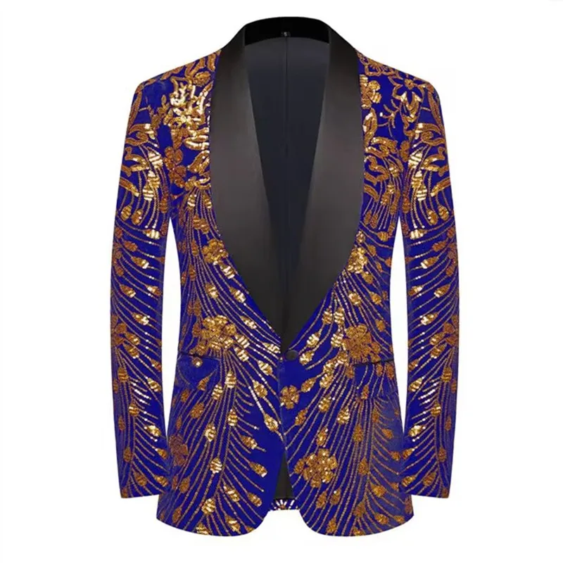 Luxury Men Groom Wedding Banquet Suit Jacket Gold Sequins Gold Floral Embroidery Blazer Coat Shawl One Button Host Party Tuxedo