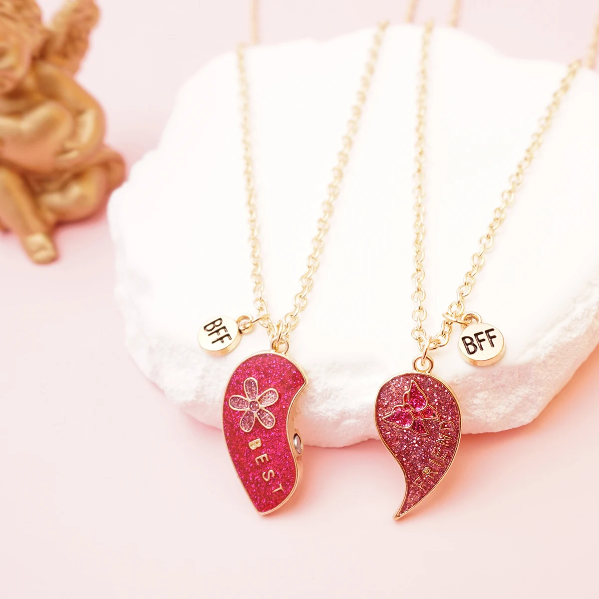 2 Pcs/Set Magnetism Best Friends Pendant Necklace for Women Cute Butterfly Flower Broken Heart Clavicle Chain BFF Best Friends