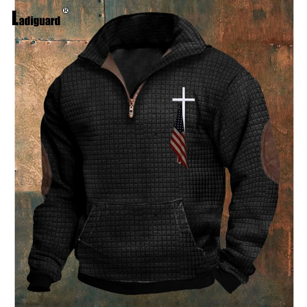 

Ladiguard Men Retro Waffle Sweatshirts Vintage Pullovers 2024 American Independence Day Sweatshirt Mens Fashion Top Streetwear