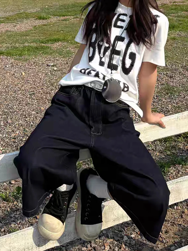 PBAP Y2k قوس قزح رسالة المرأة فضفاض الجينز الجورت الأسود غسل أوفست طباعة منخفضة الارتفاع عادية واسعة الساق الدنيم السراويل خمر الشارع الشهير