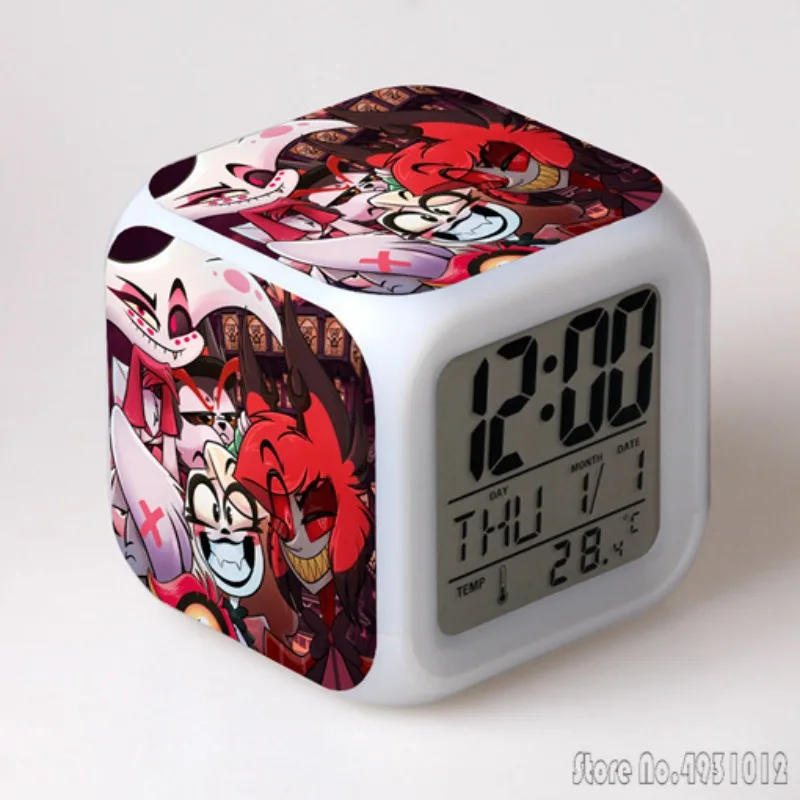 Anime Cartoon Hazbin Hotel Hell Inn Alarm Clock Creative Student 8x8x8cm LED Cube with Colorful Light Display Time Week Month