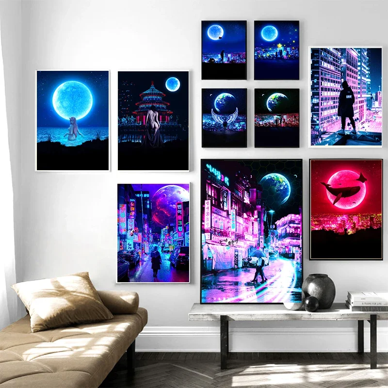 80s Vaporwave Style Poster Neon Night City Space Fantasy Moon Anime Painting Wall Art Decoration Kawaii Room Decor Canvas Poster