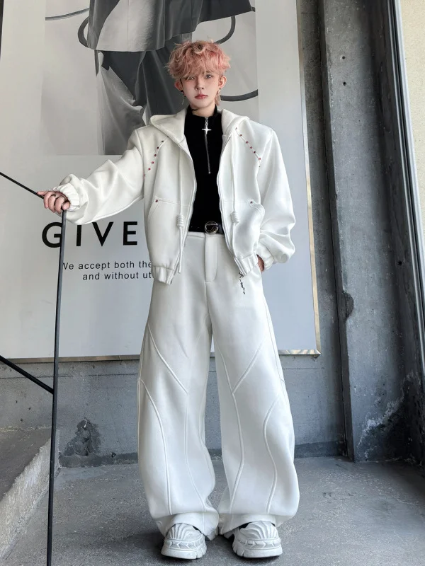 

Tangz Studio Spring Faion Set Casual Hoodie Cardigan Men's Long Pants Two-Piece Set Teenager Sle Pearl Embellied