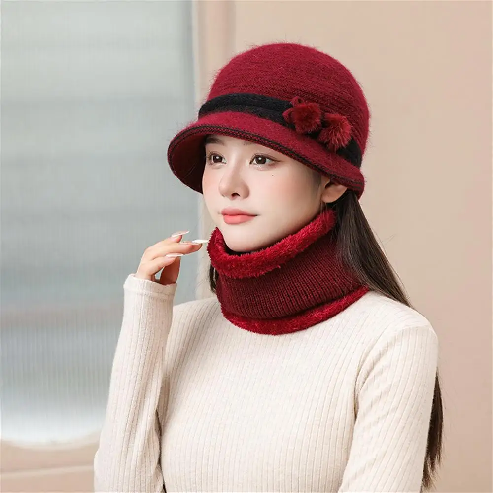 Outdoor Elderly Middle Aged Winter Beanie Hat Scarf Warm Fleece Lining Knit Bucket Hat Windproof Neck Warmer for Women