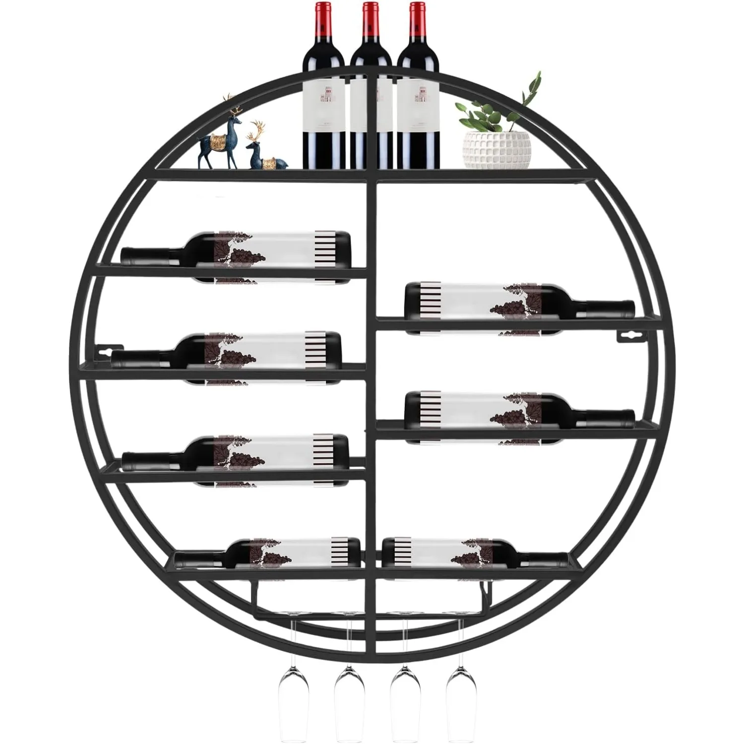 

Gdrasuya10 Wall Mounted Wine Rack with Glass Holder, Black Metal Bottle Holder Round Wine Storage Display Rack