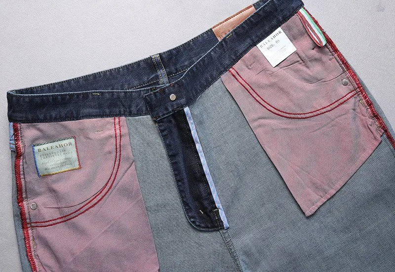 Hochgeschnittene dunkelblaue Stretch-Unterhosen für Männer in Übergröße 52-58, für große und kräftige Personen, Jeanshosen, lange Hosen. – Detail 18