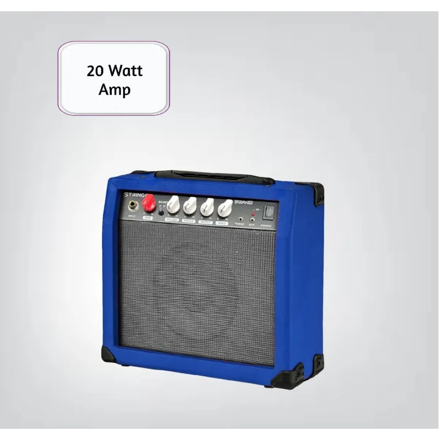 مجموعة أدوات المبتدئين للجيتار الكهربائي مقاس 30 بوصة باللون الأزرق مع مكبر صوت 20 وات 3 قطع موالف حزام الكتف وحقيبة واقية مثالية لـ #3