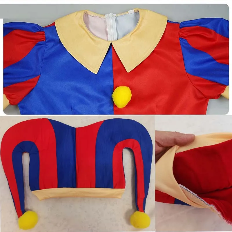 Fantasia de cosplay de circo Pomni com chapéu e luvas fantasias de Halloween roupas de carnaval (tamanho 110 cm-adulto 3XL)