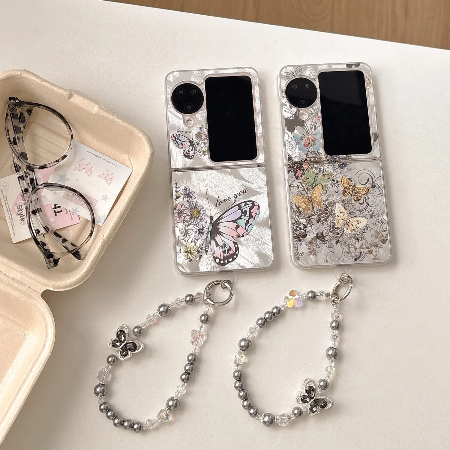 

Back Cover For OPPO Find N3 N2 Flip Case Feather IMD Colorful Butterfly with Bracelet Chain Hard PC Shockproof Phone Case