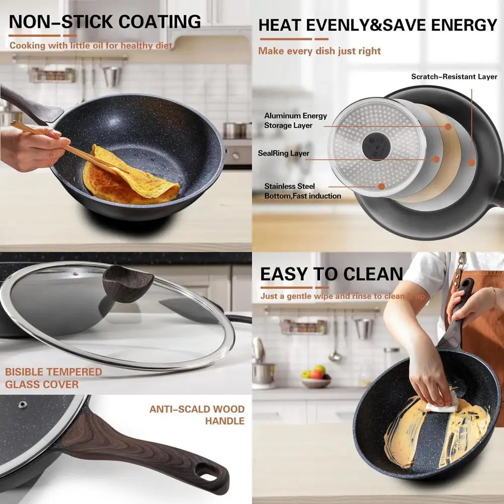 

12-Inch Granite Stone Coated Nonstick Wok with Lid, Stir Fry Pan, Induction Compatible Cookware for All Stoves, PFOA-Free