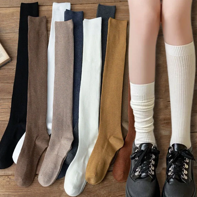 

Модные вязаные женские шерстяные кашемировые чулки, теплые толстые чулки до бедра, однотонные гольфы для девочек, носки до икры