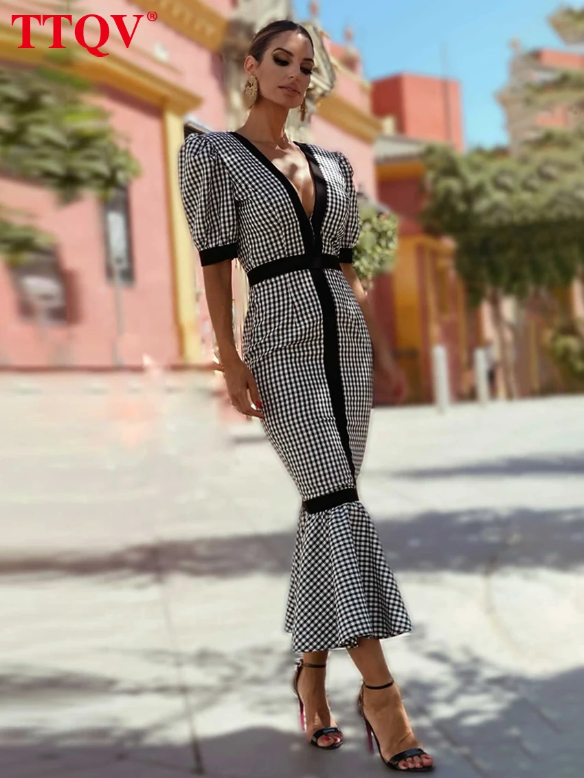 

TTQV Sexy Black Plaid Women's Dress 2026 Summer V-Neck Short Sleeve Ankle Length Dresses Elegant Classic High Waist Female Dress