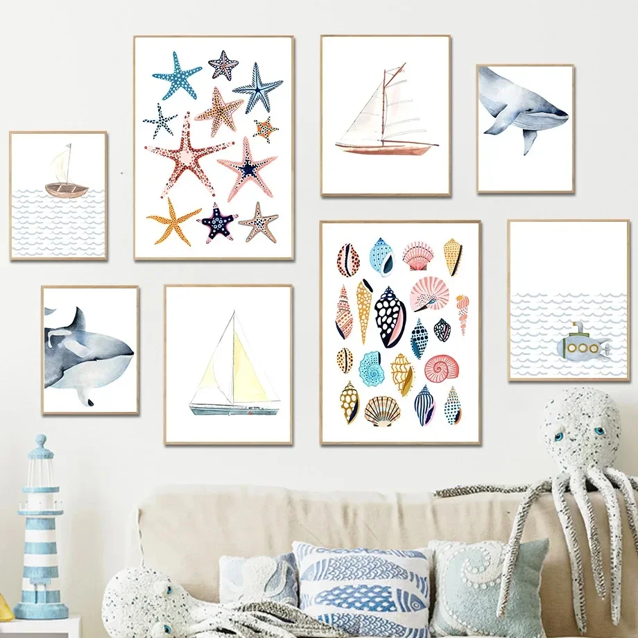 Whale Starfish Shell Sailboat Submarine Sun Ocean Wave Wall Art Canvas Painting Posters And Prints Wall Pictures Kids Room Decor