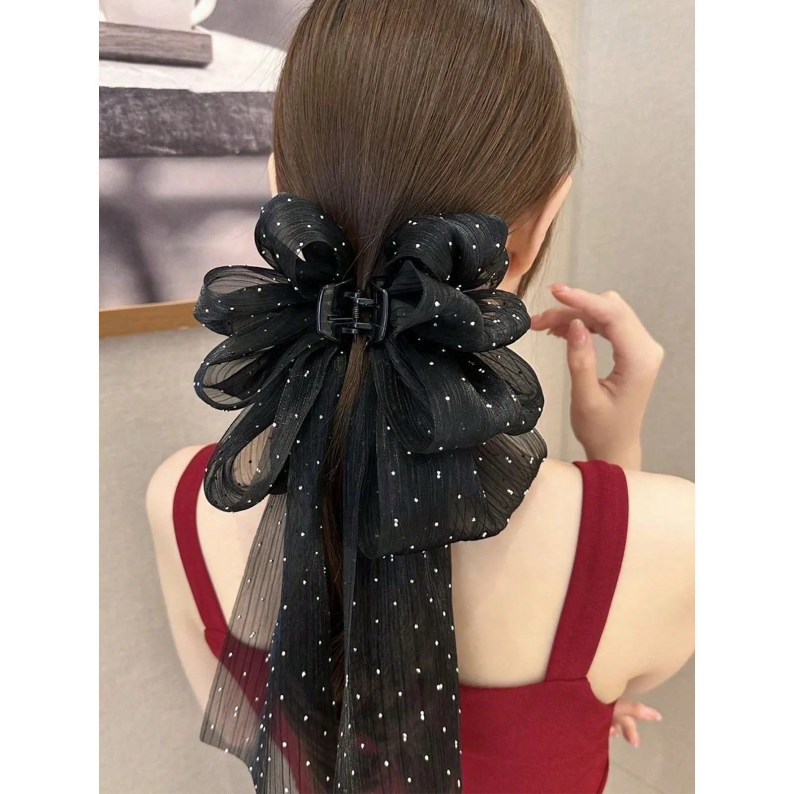 1 pinza para el pelo con lazo de cielo estrellado negro elegante y grande, adecuada para pelotas y ocasiones de fiesta, con lunares