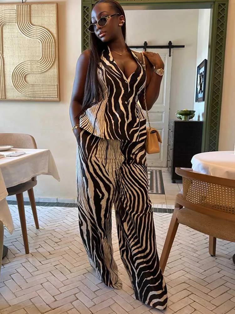 

Female Clothing Sets Two Pieces Elegant Matching Vest Outfit with Wide Leg Pants Halter Outfit Ideas for Women Summer Streetwear