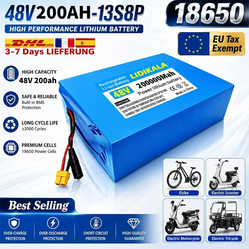 Batteria al litio LIDIKALA originale da 48V 200000mAh, celle di grado A 13S8P, pacco batteria a ciclo profondo con BMS integrato da 50A per scooter elettrico Citycoco da 2000W e bici elettrica