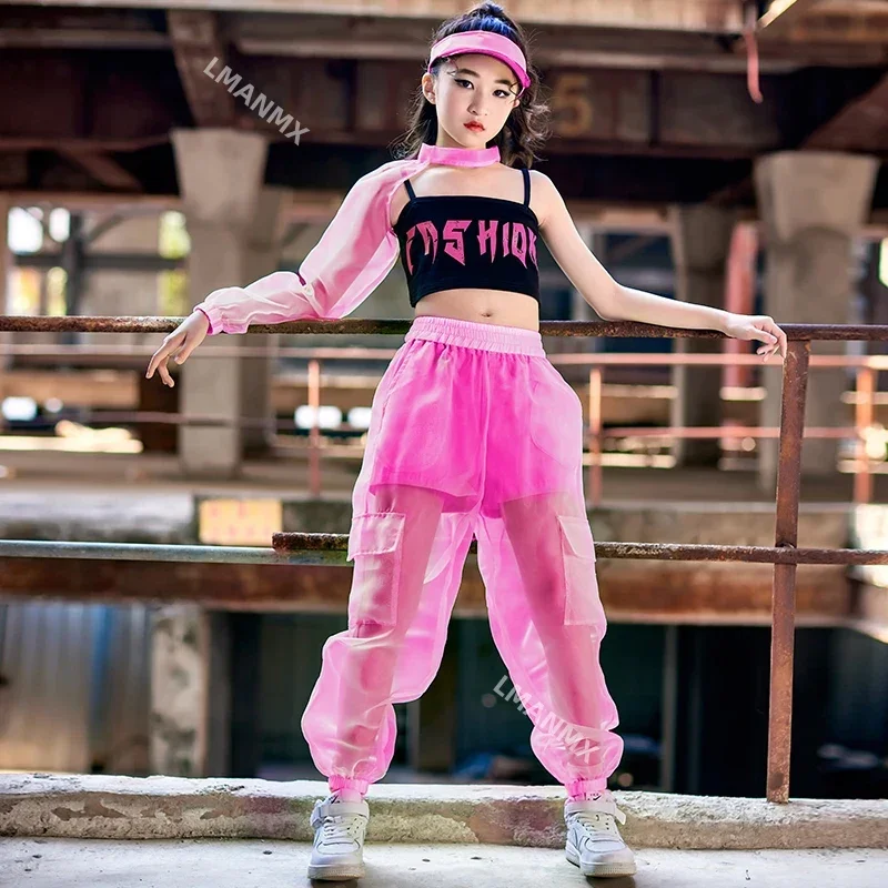 Single Sleeved Crop Tops Mesh Pants Kids Performance Outfit Hip Hop Kids Clothes Girls Jazz Street Dance Costume Green