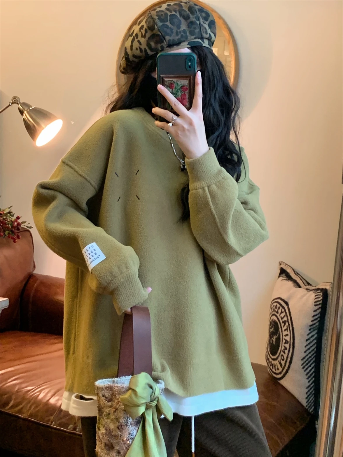 

QinEition Thiened мягкий вязаный свитер женский круглый Ne Long Sve обычный крой однотонный комплект из искусственного двух предметов для поездок на работу