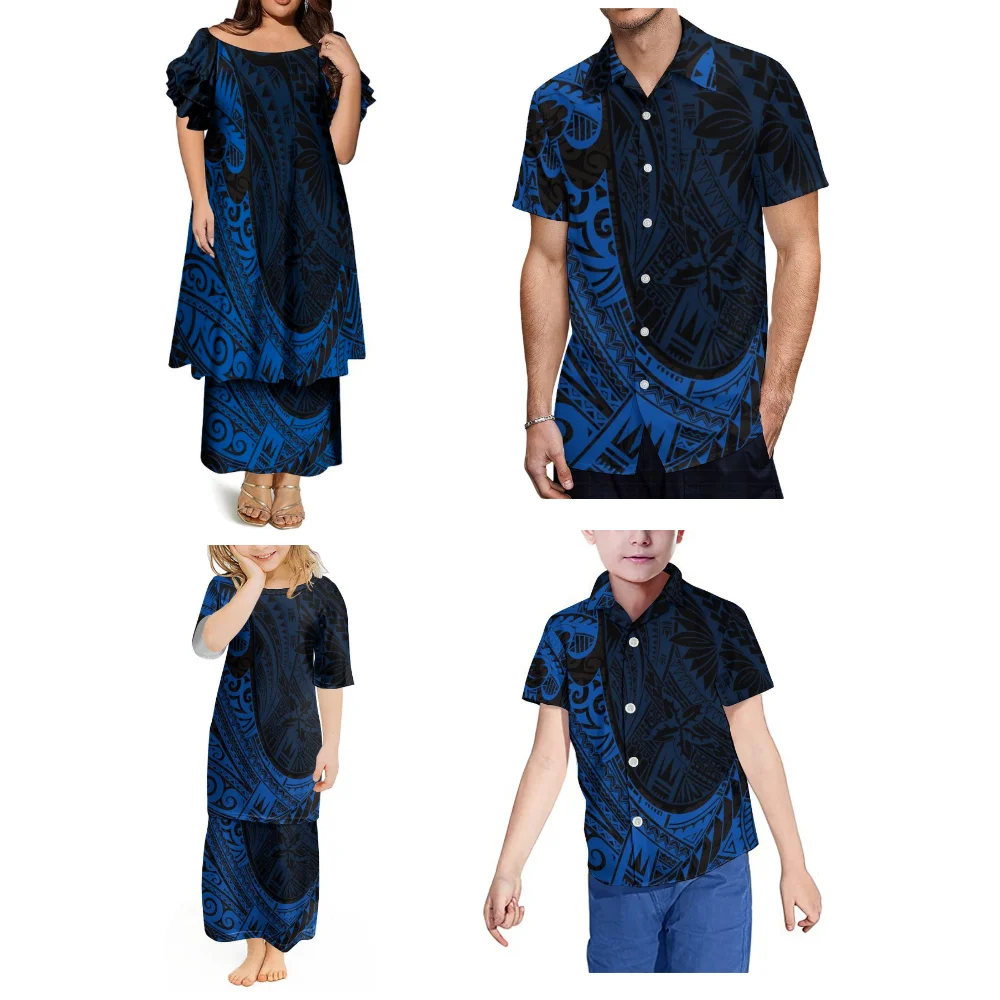 Confortável e macio família usar fiji ilha design manga borboleta puletasi terno feminino vestido polinésia camisa masculina personalizada