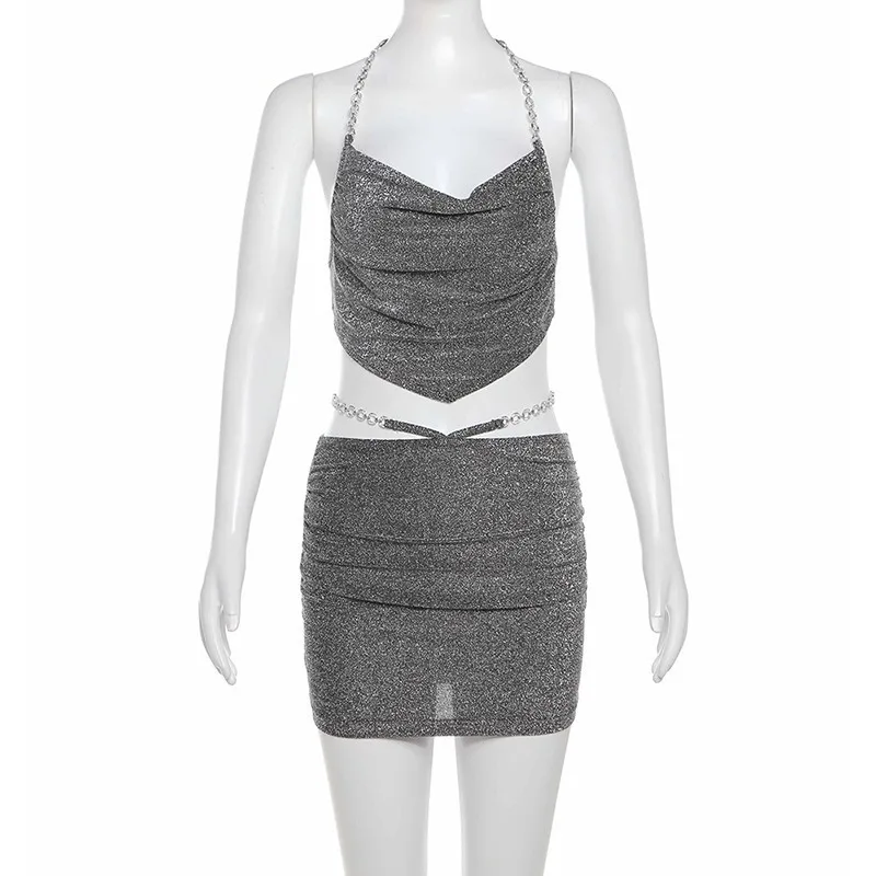 SylCue Bright Silk 2 Piece Set Woman Halter Backless Navel Exposed Tank Tops+Skinny Mini Skirts Hot Girls Sexy Fashion Outfits image 6