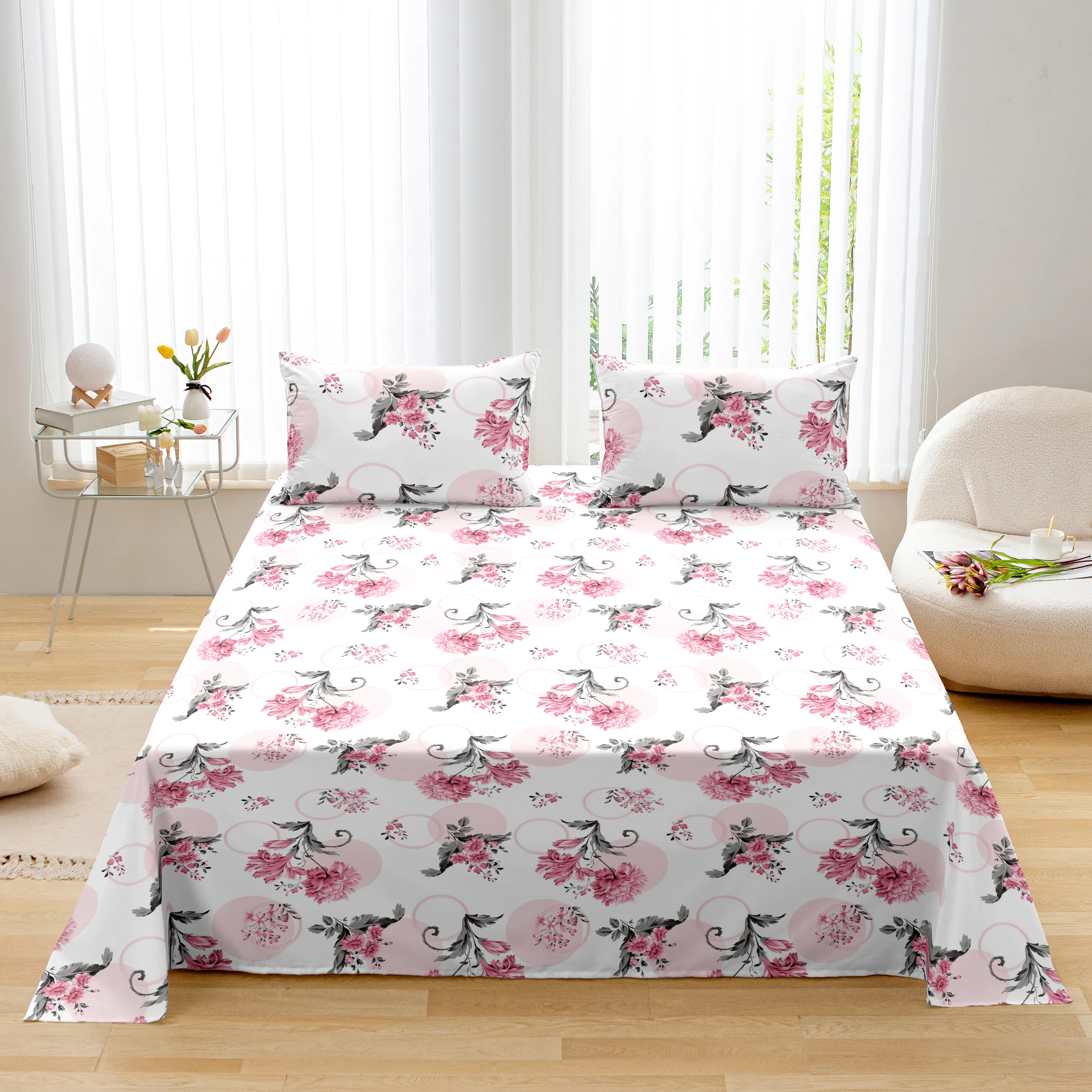3-częściowy zestaw pościeli z flaneli w kwiatowy wzór, przyjazny dla skóry, oddychający, do użytku domowego, prześcieradło, narzuta na łóżko i poszewki na poduszki.