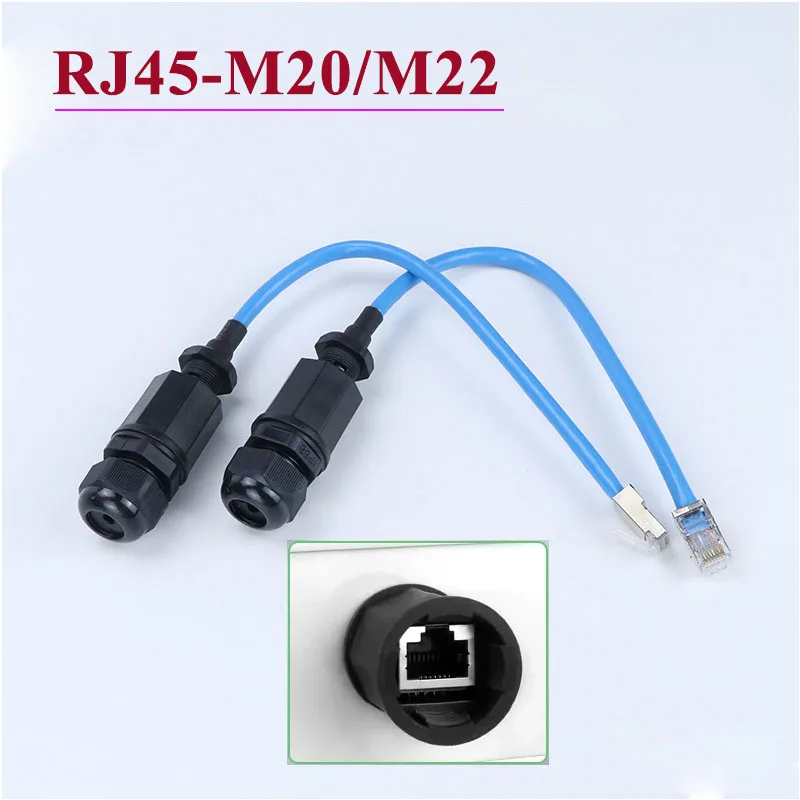 M20/22 RJ45 Aviation Plug with 25cm Wire Outdoor Network Connectors IP67 Rj45 Crystal Head Socket Cat5 Network Cable Waterproof