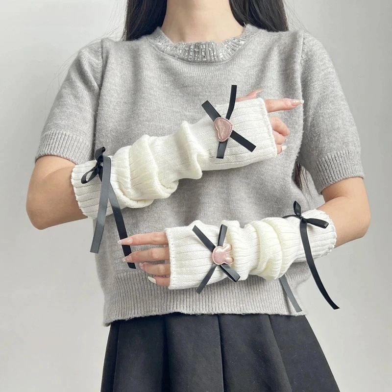 اليابانية طالبة Kawaii محبوك غطاء للذراع الحلو وتنفس لوليتا القوس الحب نصف إصبع غطاء للأكمام اليد
