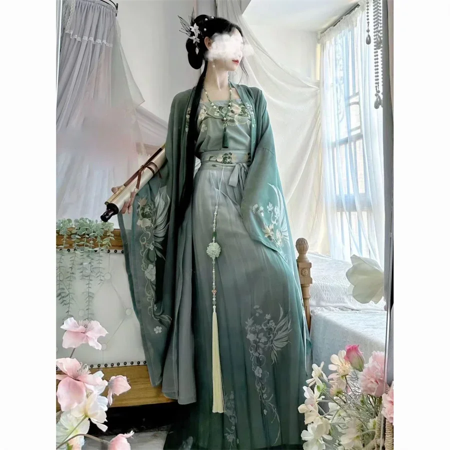 Новое длинное пальто Hanfu, на бретельках и юбка, зеленое новое платье Hanfu в китайском стиле, женская элегантная одежда Хань, костюмы с цветочным принтом