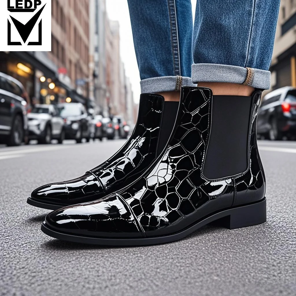 

Spring Black Crocodile Patterned Short Boots Fashion Boots Square Head Patent Leather Bare Chelsea Short Men's Boots