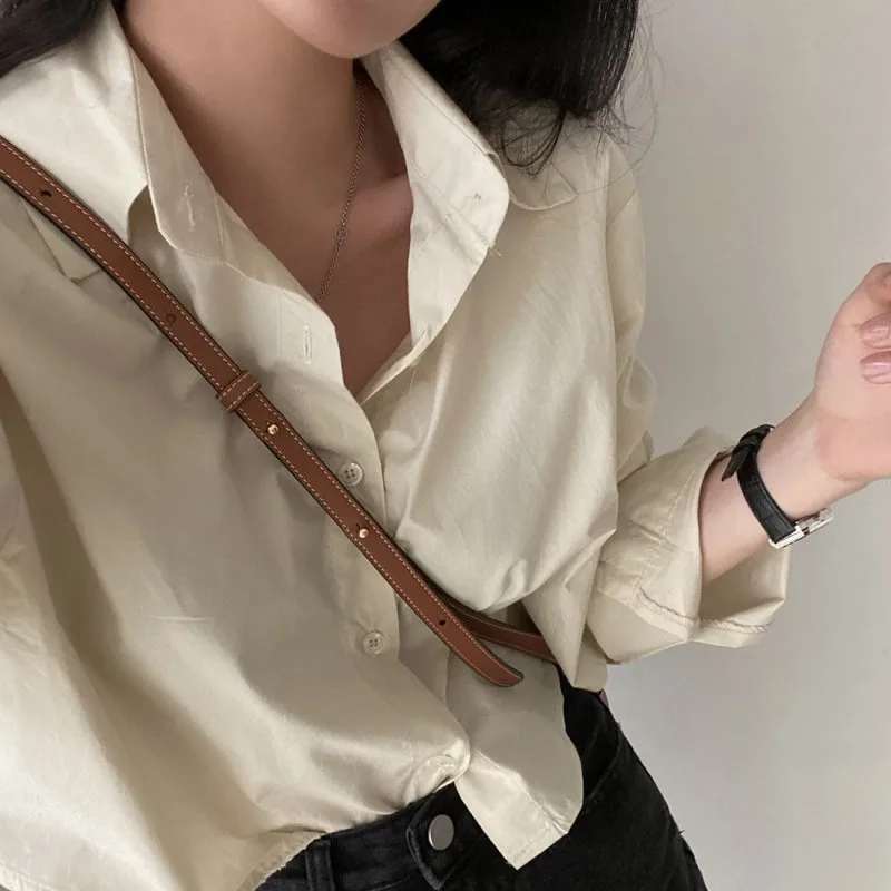 Women Fashion White Blouse Summer Harajuku Cropped Shirts Chic Elegant Long Sleeve Tops Korean Casual Loose Office Clothes 블라우스