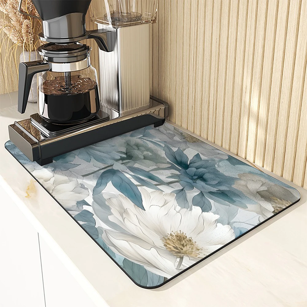 Absorbent Coffee Mat Dish Draining Mat Watercolor Flower Kitchen Drying Mat Quick Dry Bathroom Drain Pad Kitchen Faucet Placemat