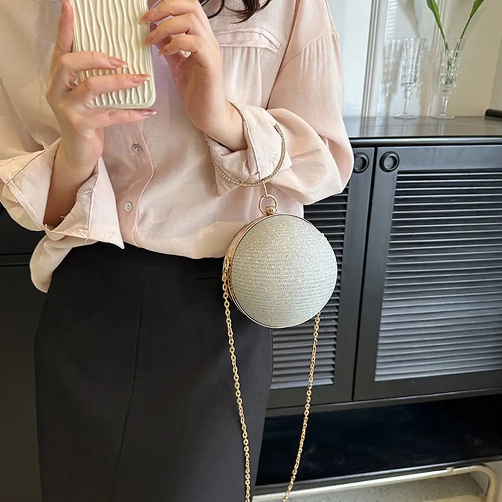 Luxury Circular Evening Bag Gold Bright Silk Rhinestone Decorative Chain Shoulder Bags Purse Wedding Party