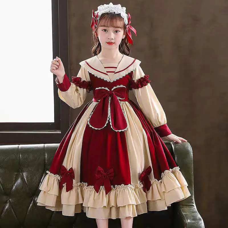 Vintage Victorian Retro Lolita Bow Dress for Girls Kids Long Sleeve Disguise Costume Child Birthday Party Princess Girls Dress