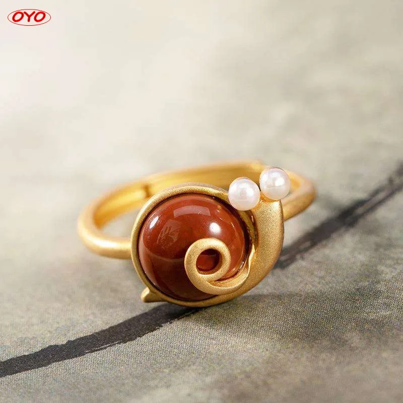 

925 Sterling Silver gold-plated South Red cochlea Chinese style opening ring female