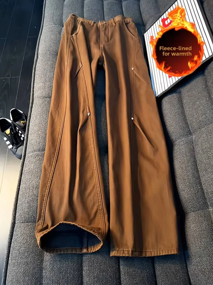 

American High Street Coffee Color Knife Thiened Fce Straight Leg Jeans Men's Sle Rivet Workwear Pants