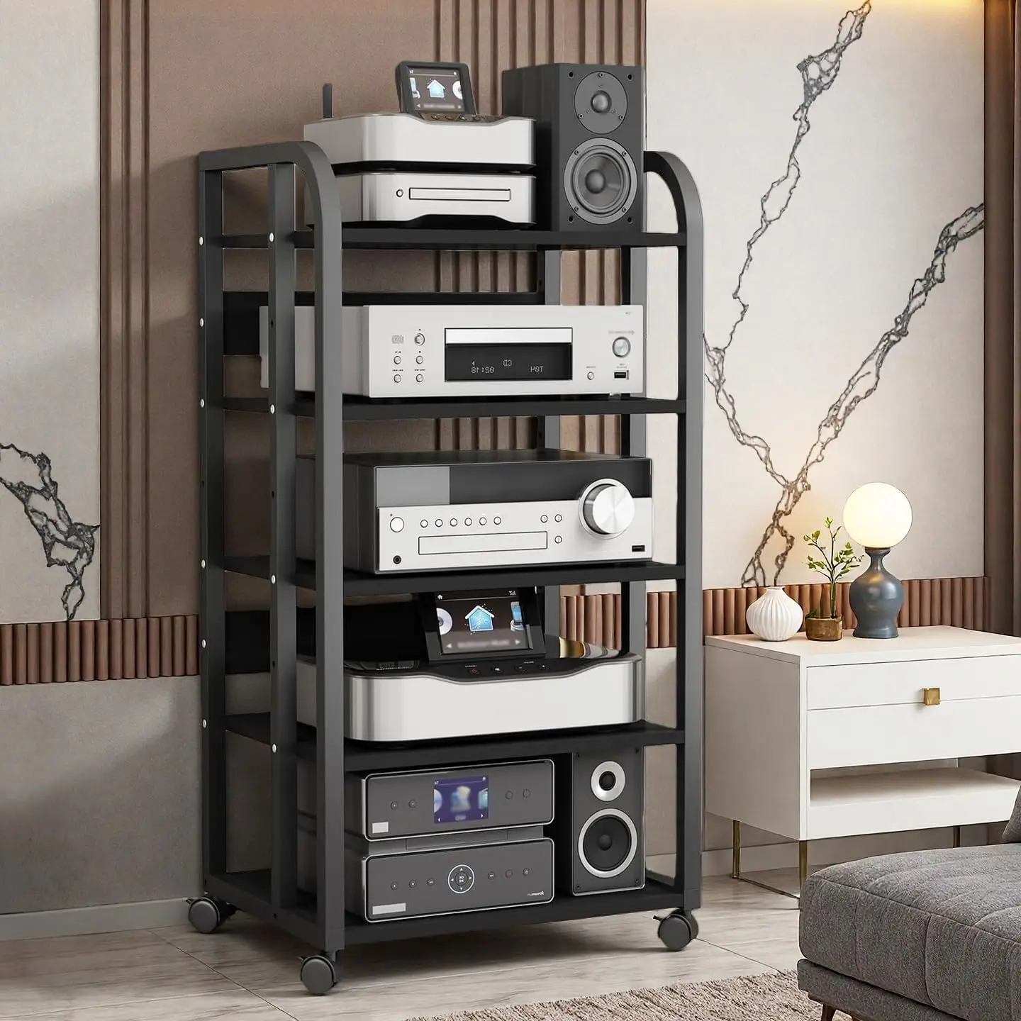 Rolling Audio Video Stand Adjustable Five Shelf Component Rack Media Storage
