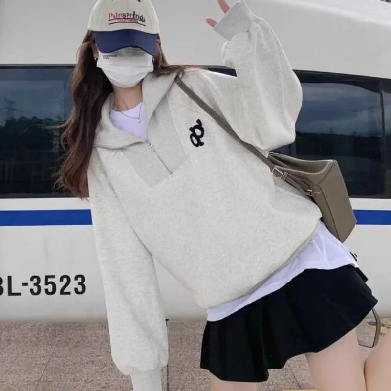 

Женская толстовка в американском стиле, флисовая толстовка на раннюю весну, повседневная свободная толстовка с воротником на молнии, однотонная толстовка в стиле Харадзюку