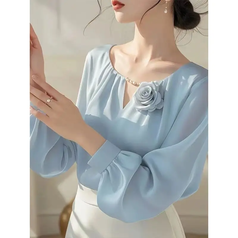 

Women's Blue Shirt French Style Early Autumn New Long Sleeve Pure Color Printed Regular Fit Urban Commute Shirt TT1442