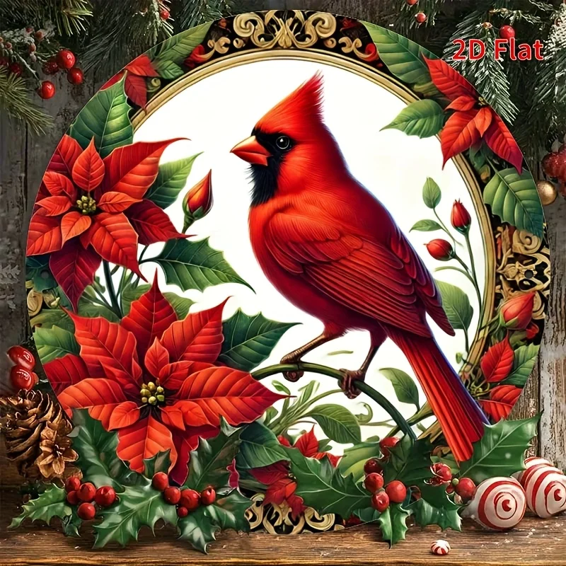 Placa Metálica Redonda 2D Flat Cardenal Rojo, Arte Mural con Bayas y Plumas, Decoración Rústica Fe para Hogar y Cueva del Hombre