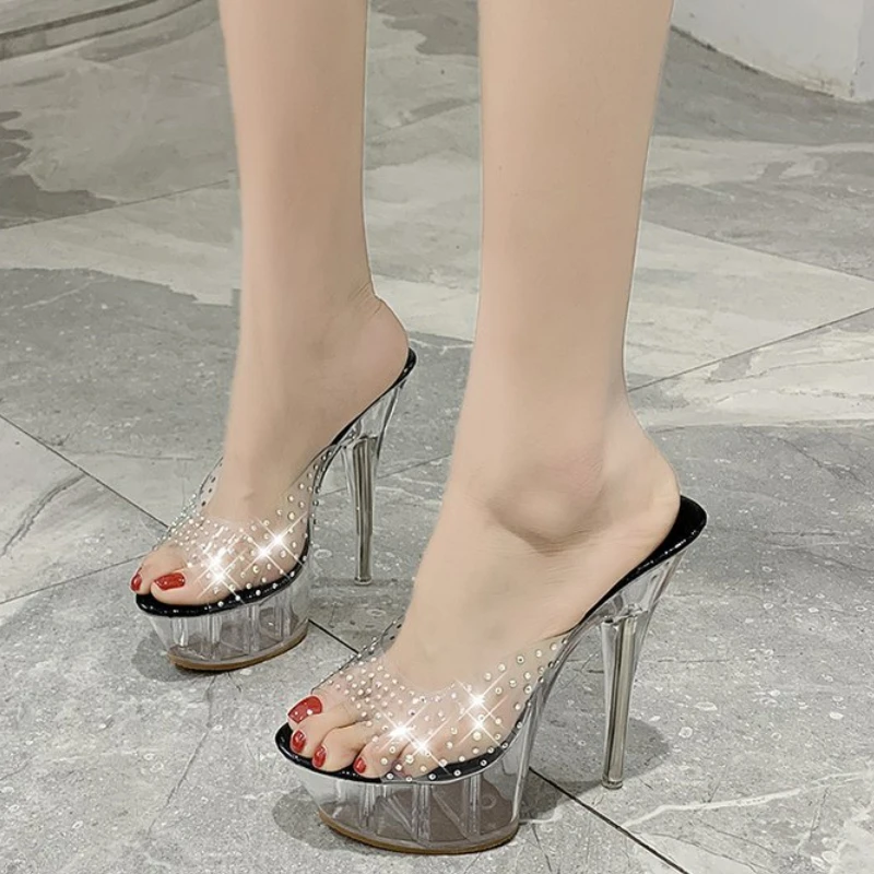 

Sexy PVC Transparent Women's Slippers Lady Crystal Open Toe High Heel Slides Female Fashion Sandals 15cm High Heels Women Shoes